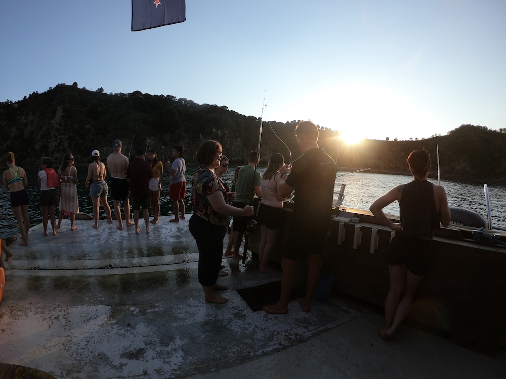 crew fishing at dusk at the bay of islands