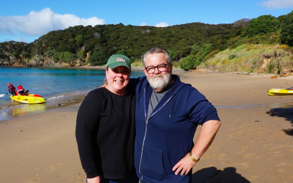 Brie and her father enjoying the beach at Moturua, Bay of Islands. 